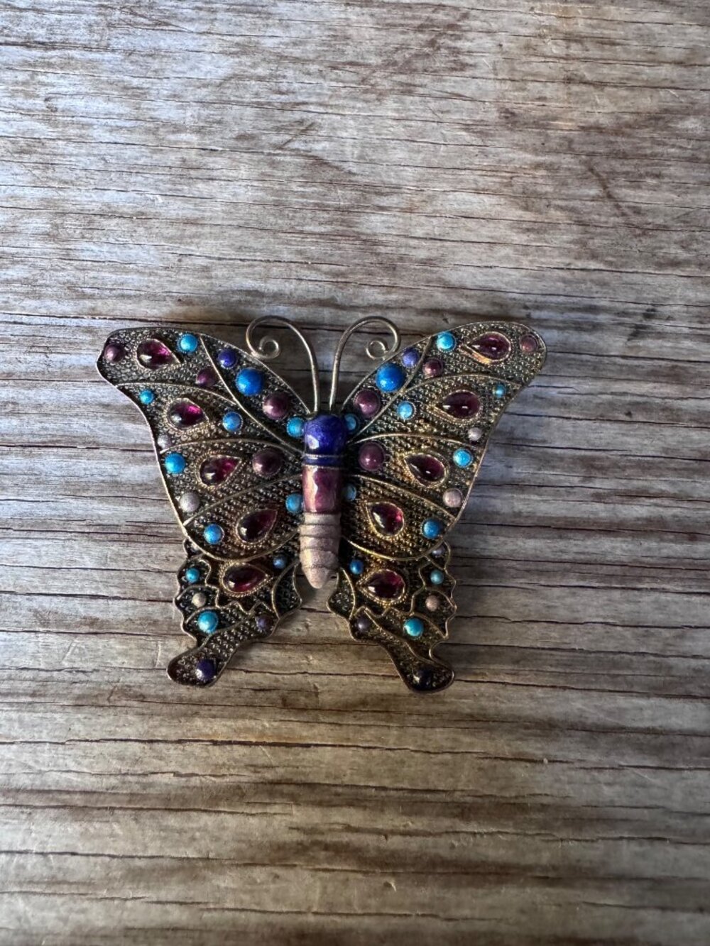 Sterling Silver Vermeil Butterfly Brooch 11.54g 2.5” Filigree Cabochon Pin